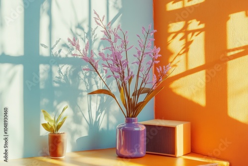 Vibrant retro scene inspired by 2024 color trends with lilac, chambray blue, and burnt orange accents, soft shadows, slightly faded, nostalgic yet modern