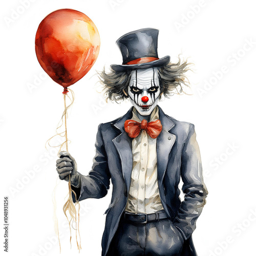 Scary clown with a haunting smile and red balloon painted in watercolor on a white background, perfect for holiday cards and terrifying Halloween season illustrations