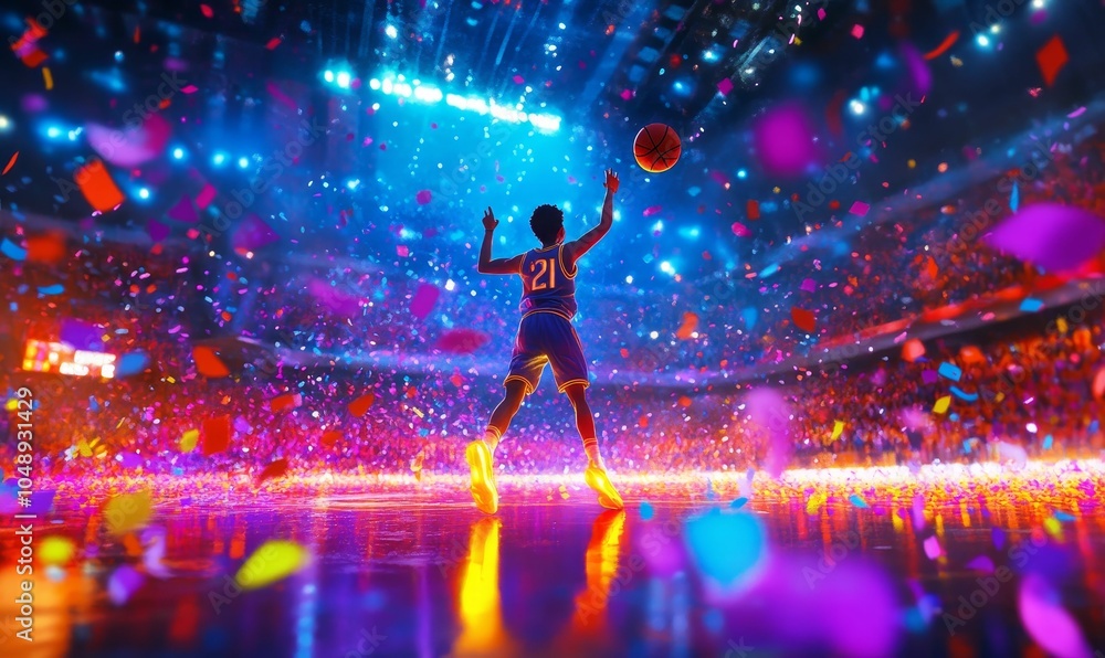 Basketball player celebrates victory with confetti. Basketball player celebrates victory with confetti.