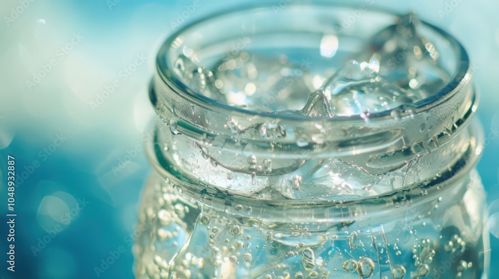 Close-up of Ice Cubes in a Glass Jar with a Blurred Blue Background Close-up of Ice Cubes in a Glass Jar with a Blurred Blue Background