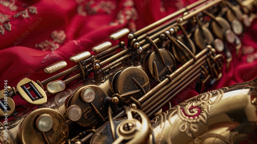 Naklejka premium Close-up of a Saxophone's Brass Keywork on a Red Fabric Background