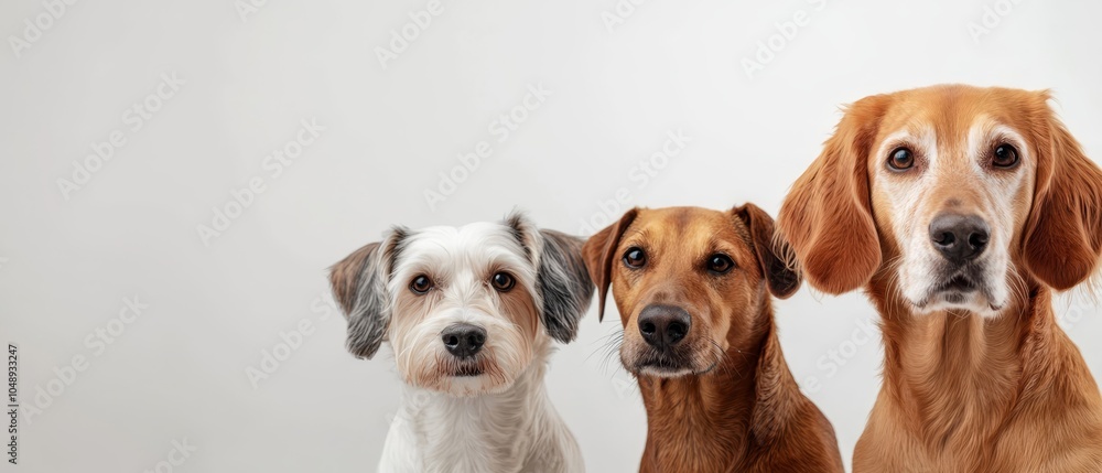 Three dogs posed before a white backdrop One dog gazes at the camera, while the other looks away Three dogs posed before a white backdrop One dog gazes at the camera, while the other looks away