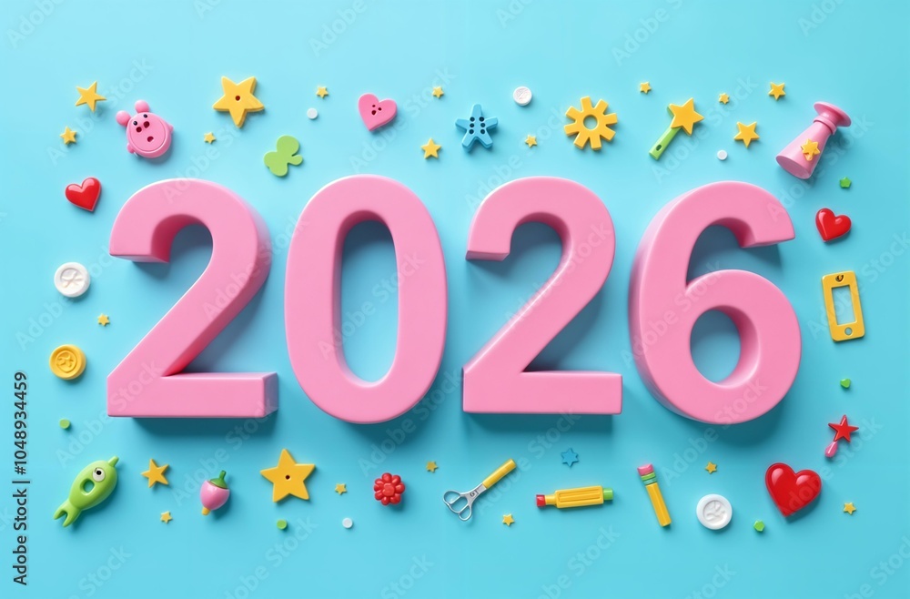 banner number 2026 laid out of children's toys on a light blue background, shop, cover, calendar, new year, poster, postcard banner number 2026 laid out of children's toys on a light blue background, shop, cover, calendar, new year, poster, postcard