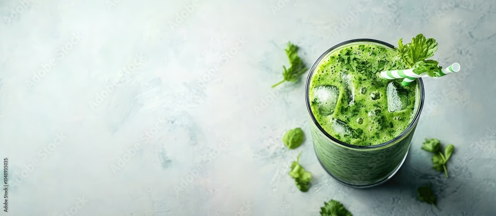 Obraz premium A tall glass filled with a green healthy diet smoothie made from a mix of green vegetables fruits and herbs Copy space Top view