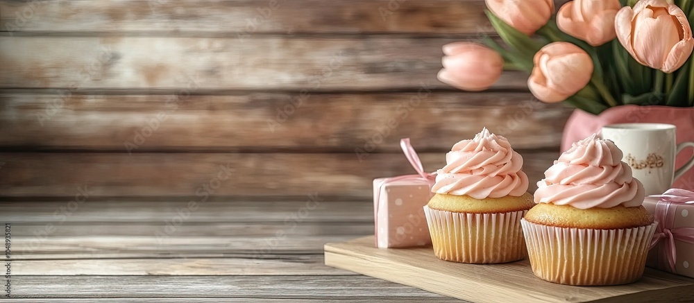 Happy Mother s Day greeting backdrop Sweet cupcakes for Mother s Day along with gift boxes a cup of cappuccino and flowers Wooden background with copy space Happy Mother s Day greeting backdrop Sweet cupcakes for Mother s Day along with gift boxes a cup of cappuccino and flowers Wooden background with copy space