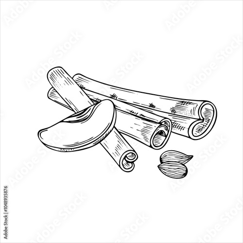 Almonds, apple slice and cinnamon sticks pile vector isolated illustration in black and white colors. Nuts with fruits, seasoning ingredients monochrome illustration for winter sweet desserts, drinks