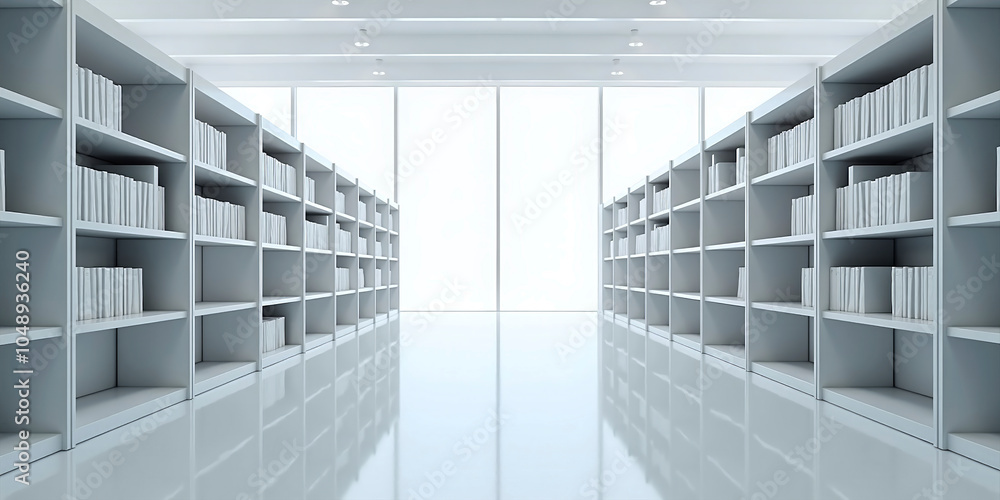 Obraz premium View into a large library, in modern bright architecture, resting places of knowledge and encounter