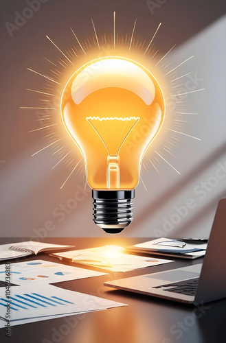 Bright Idea Glowing Light Bulb Hovers Over Office Desk with Laptop and Documents