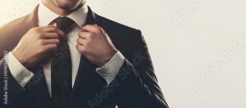 Hands are adjusting the tie of a businessman in a suit against an isolated white background with copy space The background is white and isolated making it suitable for a banner photo