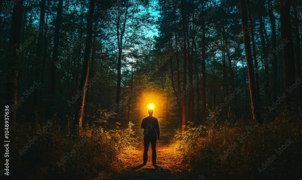 Silhouette of person walking through forest. Silhouette of person walking through forest.