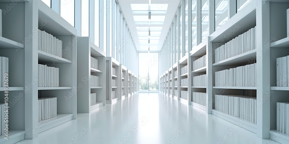 Obraz premium View into a large library, in modern bright architecture, resting places of knowledge and encounter