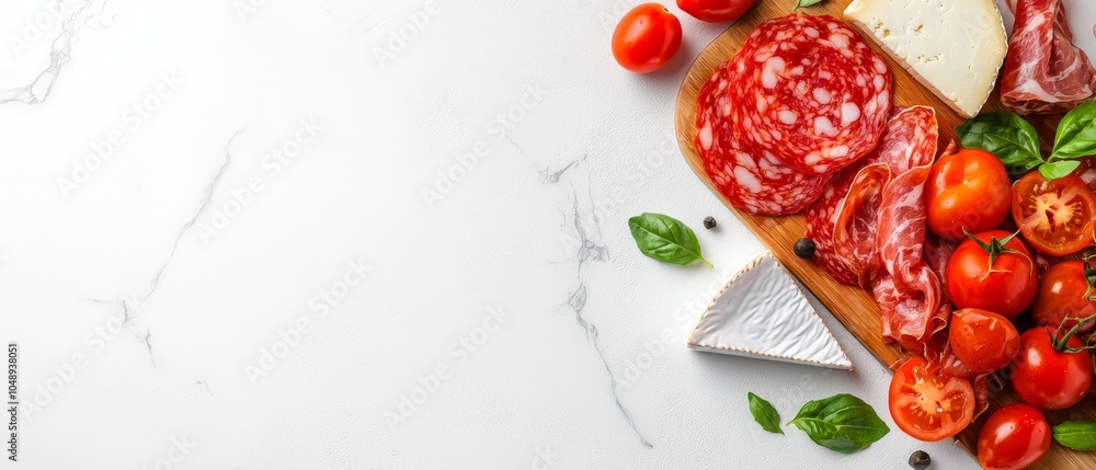 A cutting board filled with an assortment of meats, cheeses, tomatoes, and basil against a pristine white background A cutting board filled with an assortment of meats, cheeses, tomatoes, and basil against a pristine white background