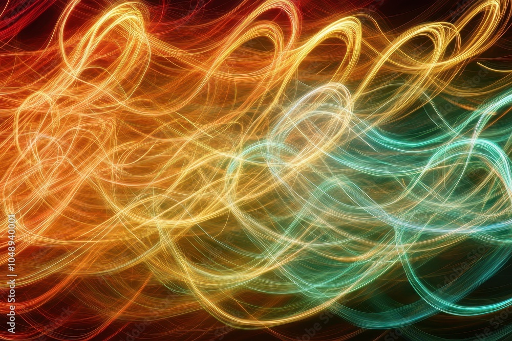 Vibrant abstract light trails in orange, yellow, and blue colors swirling against a dark background Vibrant abstract light trails in orange, yellow, and blue colors swirling against a dark background