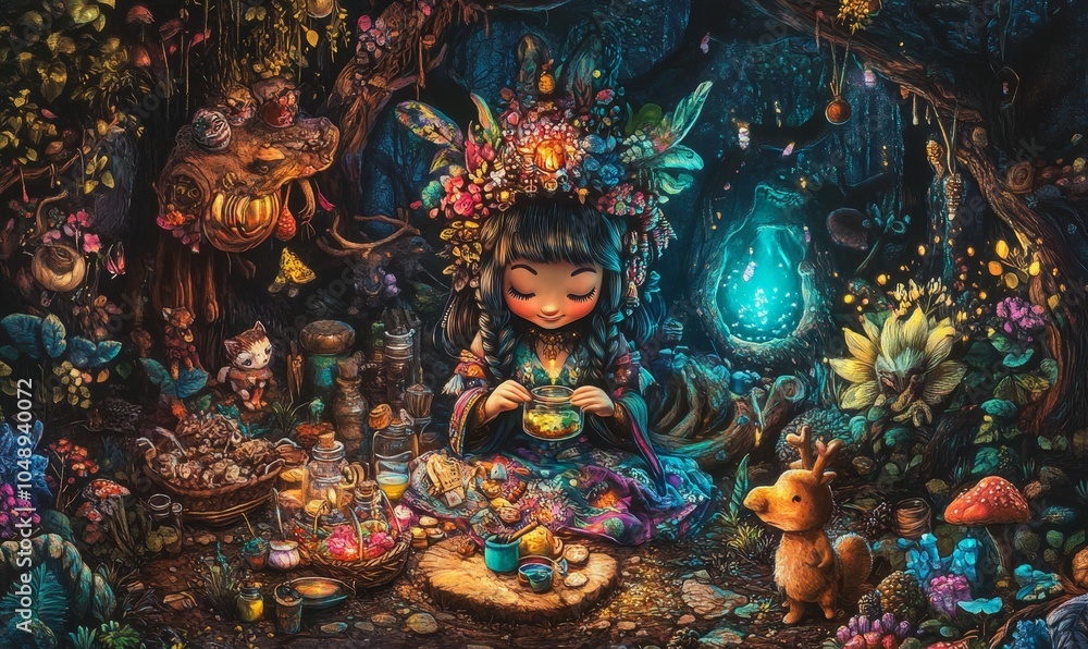Fototapeta premium A girl sits in a magical forest with glowing jars.