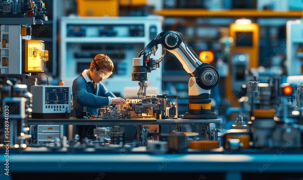 A man works with a robotic arm.