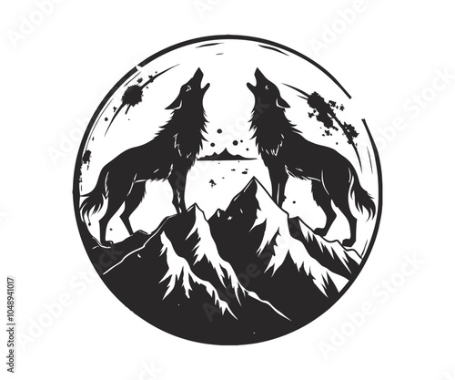 A silhouette of a wolf howling illustration line art clipart