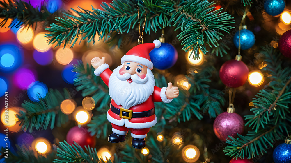 New Year's toy Santa Claus hangs on the New Year tree. festive new year concept
New Year's toy Santa Claus hangs on the New Year tree. festive new year concept