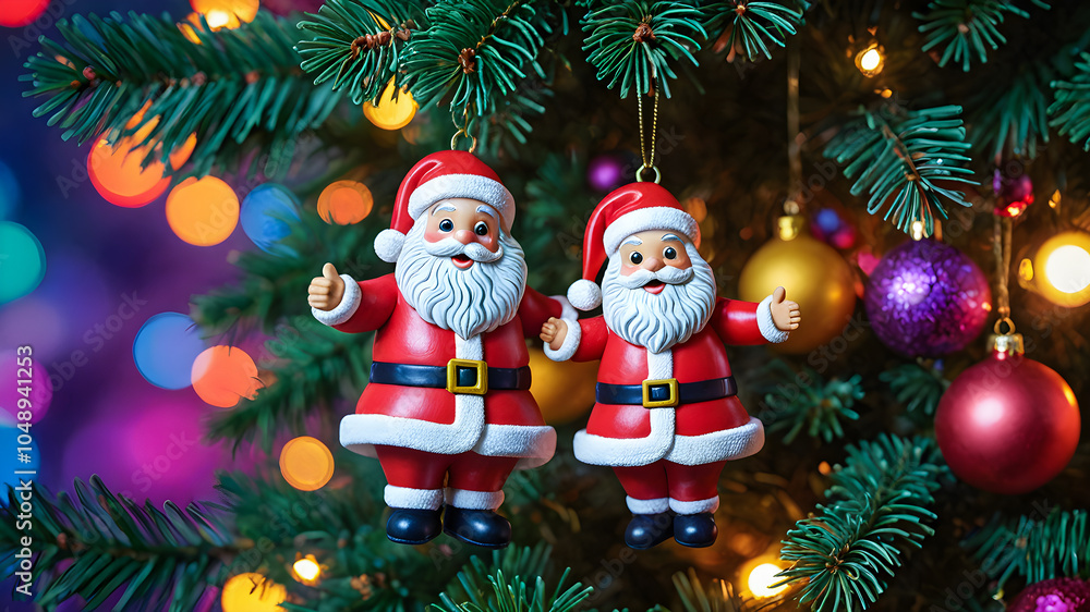 New Year's toy Santa Claus hangs on the New Year tree. festive new year concept
New Year's toy Santa Claus hangs on the New Year tree. festive new year concept