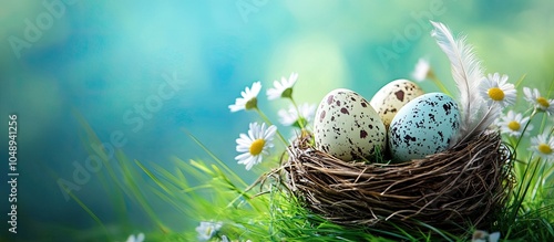 Easter card featuring painted Easter eggs with feathers in a nest on green grass surrounded by daisies set against a blue blurred background. with copy space image. Place for adding text or design photo