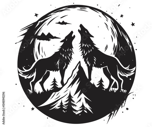A silhouette of a wolf howling illustration line art clipart