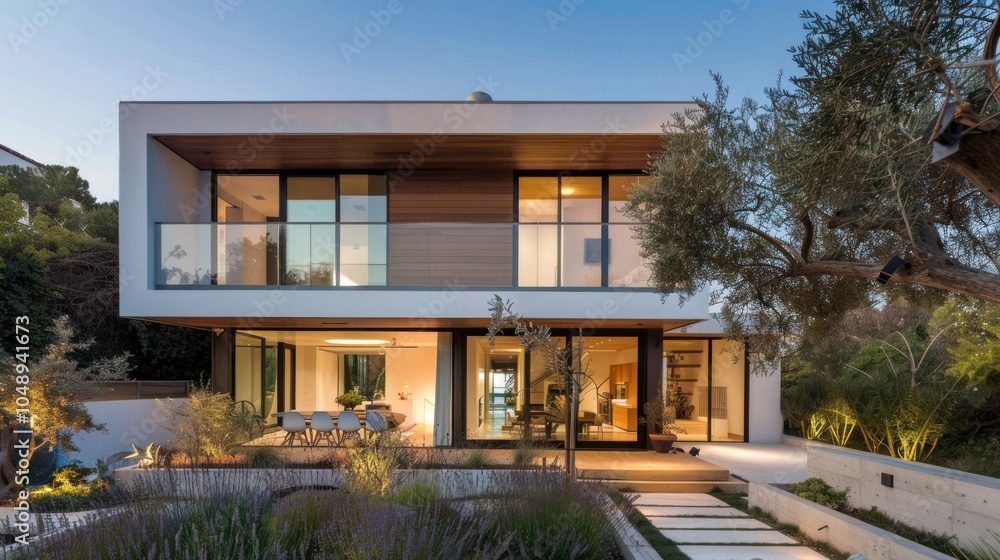 Fototapeta premium Modern Two-Story House with Patio and Landscaping at Dusk