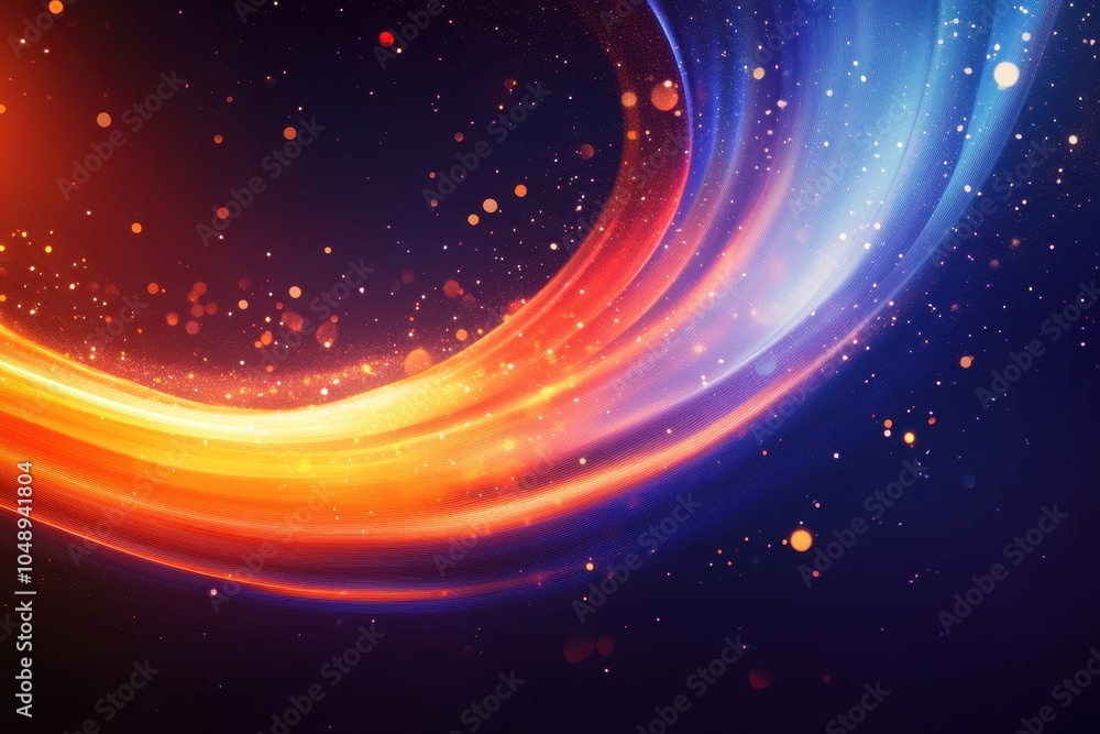 Obraz premium An abstract swirl of orange and blue light with glowing particles against a dark background
