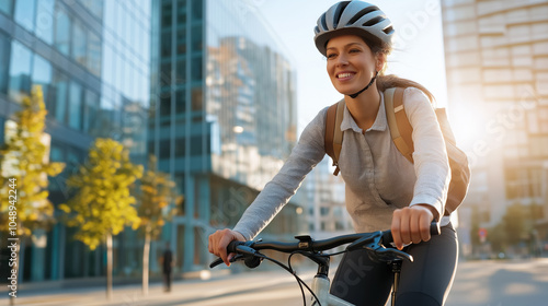 A cheerful cyclist navigates through an urban environment, with a helmet and backpack, promoting an active and eco-friendly commute