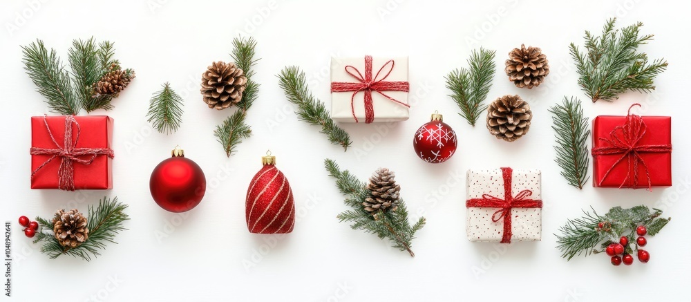 Christmas arrangement featuring gifts fir cones and red decorations set against a white background Concept of Christmas winter and the New Year Flat lay top view copy space Christmas arrangement featuring gifts fir cones and red decorations set against a white background Concept of Christmas winter and the New Year Flat lay top view copy space