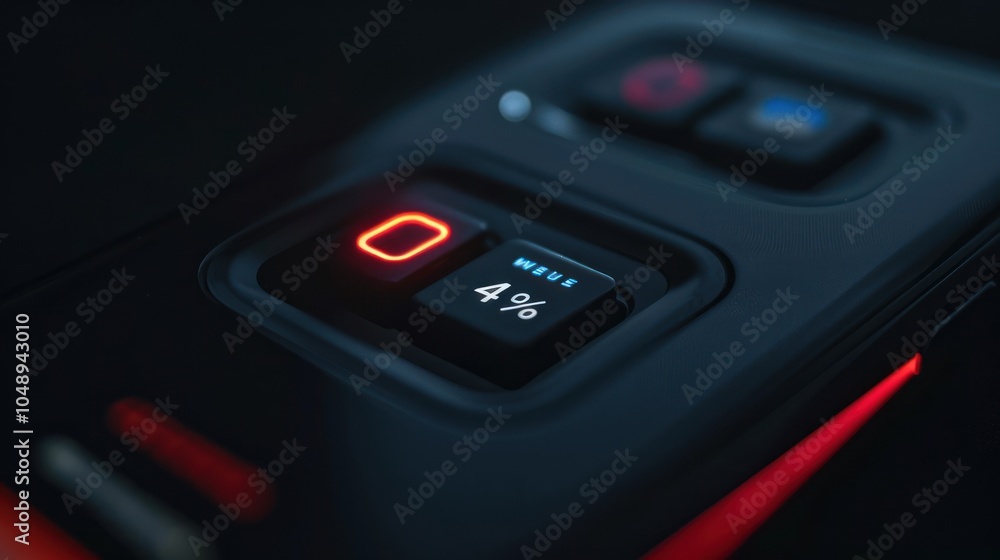 Illuminated Red Button and Menu Button with 4% Display on a Black Device Illuminated Red Button and Menu Button with 4% Display on a Black Device