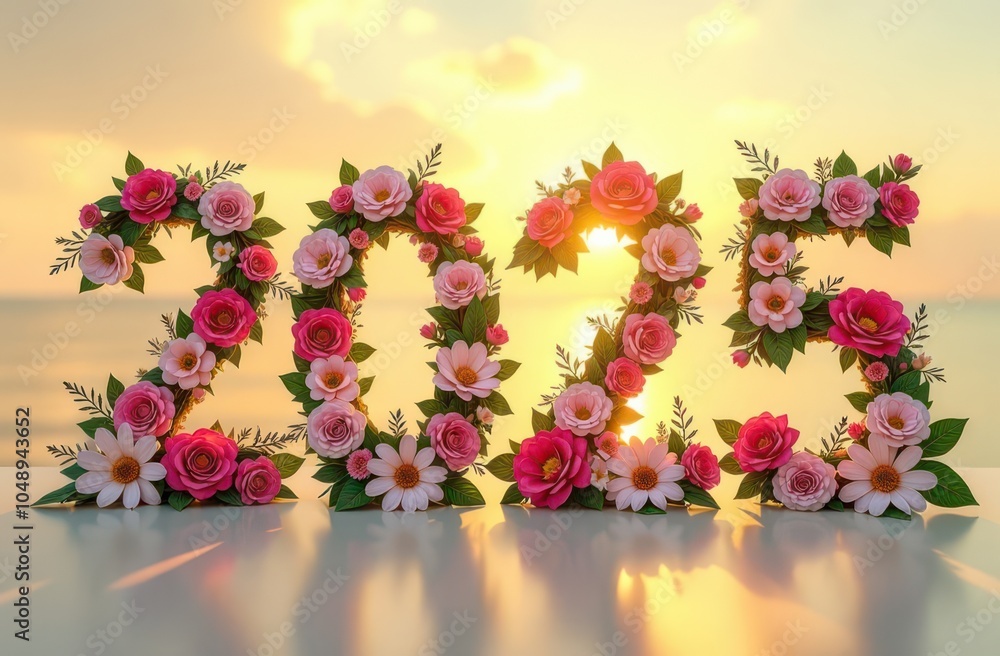 2025 numbers decorated with fresh flowers against sunny sky. New year concept 2025 numbers decorated with fresh flowers against sunny sky. New year concept