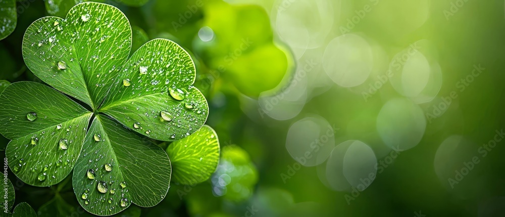 A tight shot of a four-leaf clover with dewdrops on its leaves against a backdrop of lush green grass A tight shot of a four-leaf clover with dewdrops on its leaves against a backdrop of lush green grass