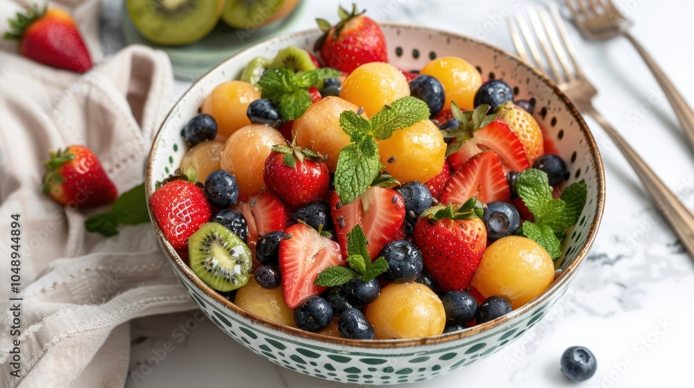 A bowl of fresh fruit salad with strawberries, melon balls, kiwi, blueberries, and mint A bowl of fresh fruit salad with strawberries, melon balls, kiwi, blueberries, and mint