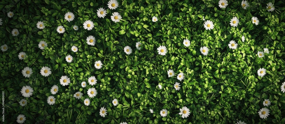 Summer meadow abundant with white daisies A beautiful field of green grass and daisies is shown from a top down perspective creating a natural backdrop Top view with copy space