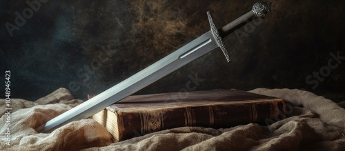 A sword s hilt rests on an ...