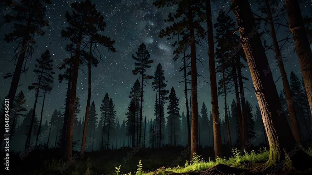 Obraz premium A mesmerizing night scene in a dense forest, with towering trees silhouetted against a starry sky. The Milky Way stretches across the horizon, illuminating the shadowy landscape.