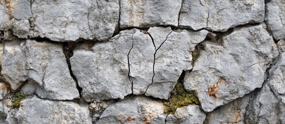 Rock texture image of a cracked weathered limestone cliff wall featuring a unique and rare grunge natural pattern rough gray stone and some dry moss on the surface Copyspace for text and quotes in Rock texture image of a cracked weathered limestone cliff wall featuring a unique and rare grunge natural pattern rough gray stone and some dry moss on the surface Copyspace for text and quotes in