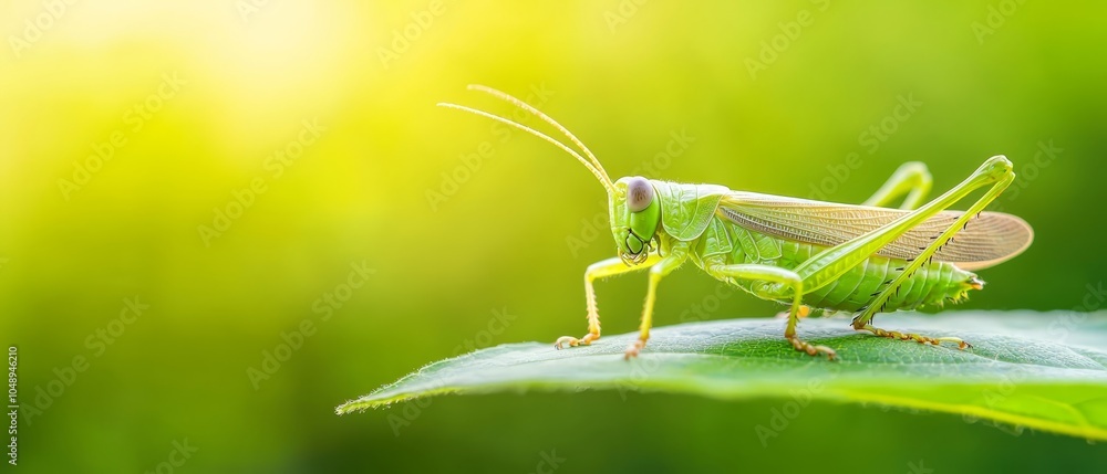 Fototapeta premium A tight shot of a grasshopper atop a leaf, sun rays filtering through the background foliage