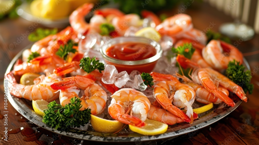 A platter of cooked shrimp with lemon wedges, ice, parsley and cocktail sauce A platter of cooked shrimp with lemon wedges, ice, parsley and cocktail sauce