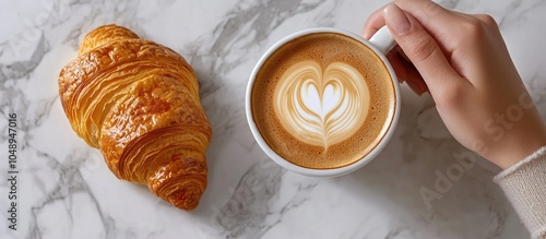 Top view of a cappuccino and croissant with egg cream a woman s hand enjoying breakfast heart shape created by milk in the coffee cup wanderlust after the pandemic. with copy space image photo