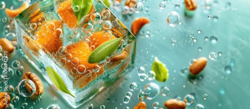 Background featuring orange balsamine and green coffee beans in an ice cube with air bubbles Flat lay concept for spring. with copy space image. Place for adding text or design