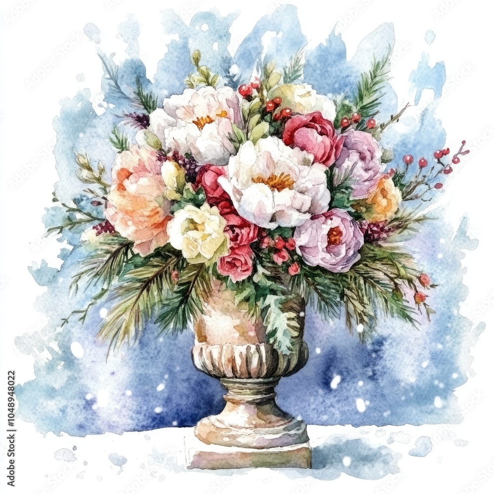 Romantic Winter Wedding Bouquet with Watercolor Roses on Antique Column Capitals Romantic Winter Wedding Bouquet with Watercolor Roses on Antique Column Capitals