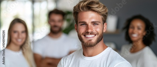  A group of men and women, all wearing white T-shirts, smile at the camera before a reflective mirror