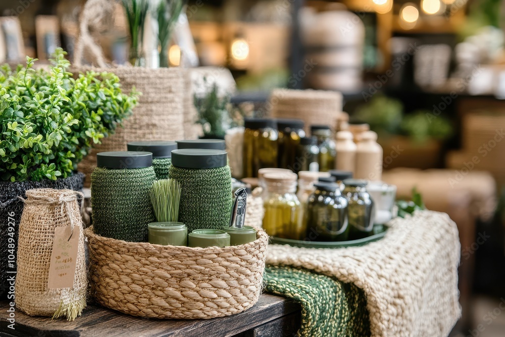 Charming display of artisan home decor featuring greenery, glassware, and woven textiles in a cozy shop setting Charming display of artisan home decor featuring greenery, glassware, and woven textiles in a cozy shop setting
