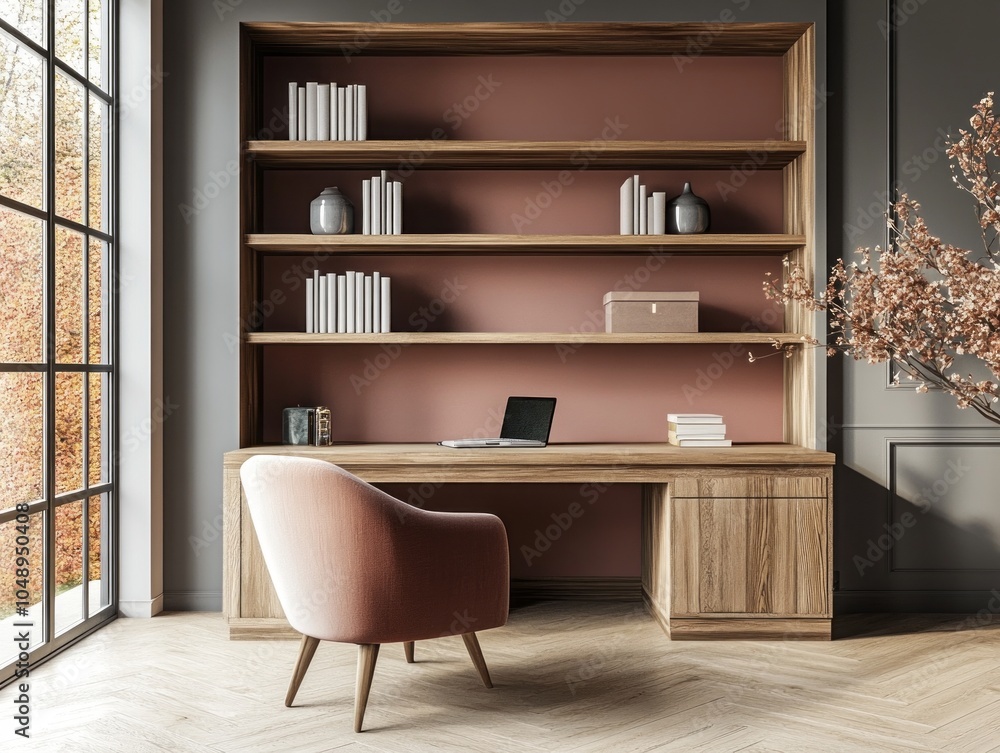 Fototapeta premium Modern study room with a mix of dusty pink and gray on the walls, using gray for the lower half and dusty pink for the upper half