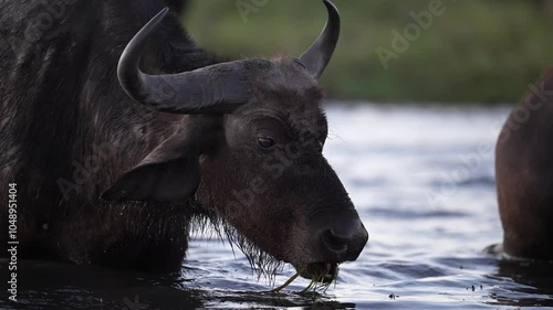 Cape Buffalo or African buffalo (Syncerus caffer) is a large sub-Saharan African bovine eating aquatic weeds in the Chobe river. Slow motion, 25 percent natural speed.