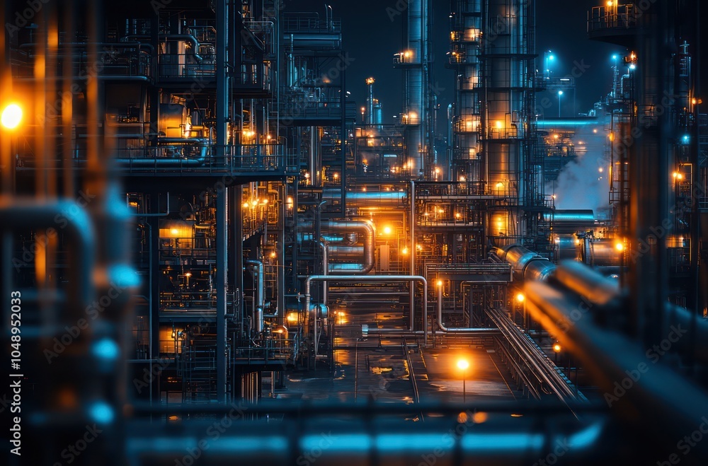 Obraz premium Impressive Industrial Complex Illuminated at Night