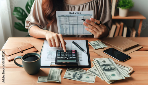 Businesswoman working in office.Deduction planning concept. Asian young woman hand using calculator to calculating balance prepare tax reduction income, cost budget expenses for pay money form persona photo