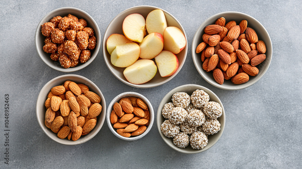 top view of six bowls with healthy snacks on a gray surface top view of six bowls with healthy snacks on a gray surface