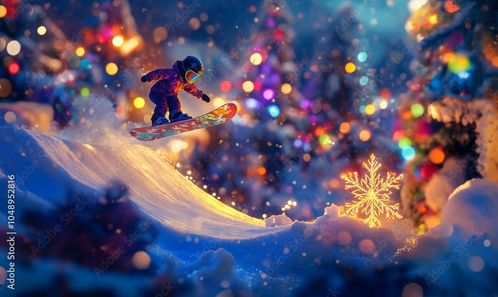 Naklejka premium Snowboarder jumps against a colorful, blurred background.