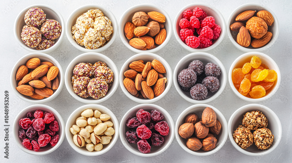colorful and healthy snack bowls arranged in a grid on a white table colorful and healthy snack bowls arranged in a grid on a white table